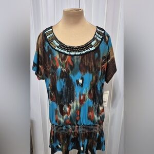Elementz Blue and Brown Beaded Blouse
